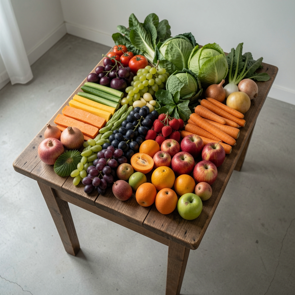 Dugačak drveni sto sa raznovrsnim povrćem i voćem složenim u redove, dokumentarna fotografija iz gornjeg ugla u neutralnoj osvetljenosti
