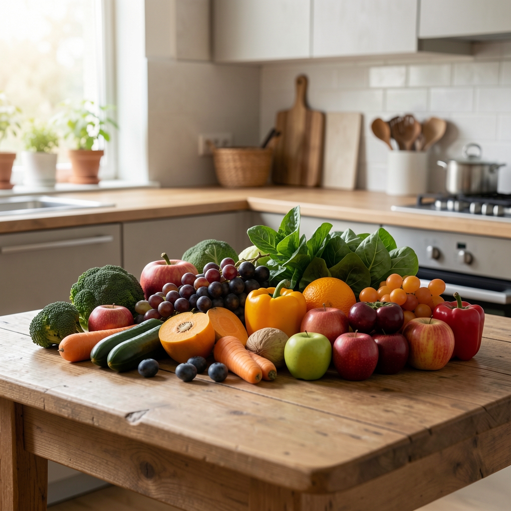 Raznovrsna hrana na stolu u kućnom ambijentu, prirodno svetlo, bez product packshota, mirna svakodnevna kulinarska scena