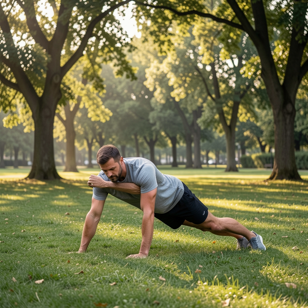 Muškarac koji se istеže na travnatoj površini u parku sa drvećem u pozadini, jutarnja rekreacija, mirna atmosfera bez fitnes opreme
