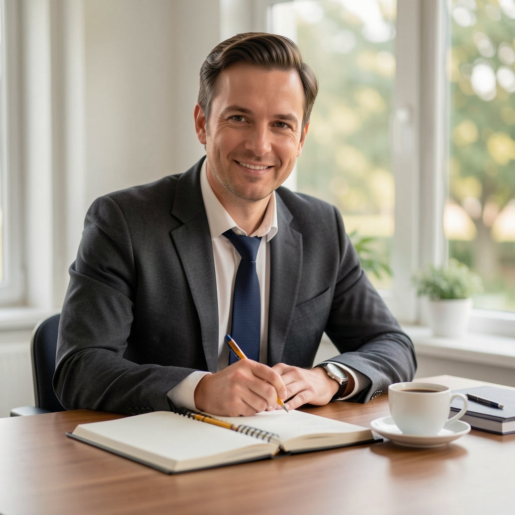 Kancelarijski sto s otvorenim beležnicom, olovkom i šoljicom kafe u mirnom prostoru sa prirodnim svetlom