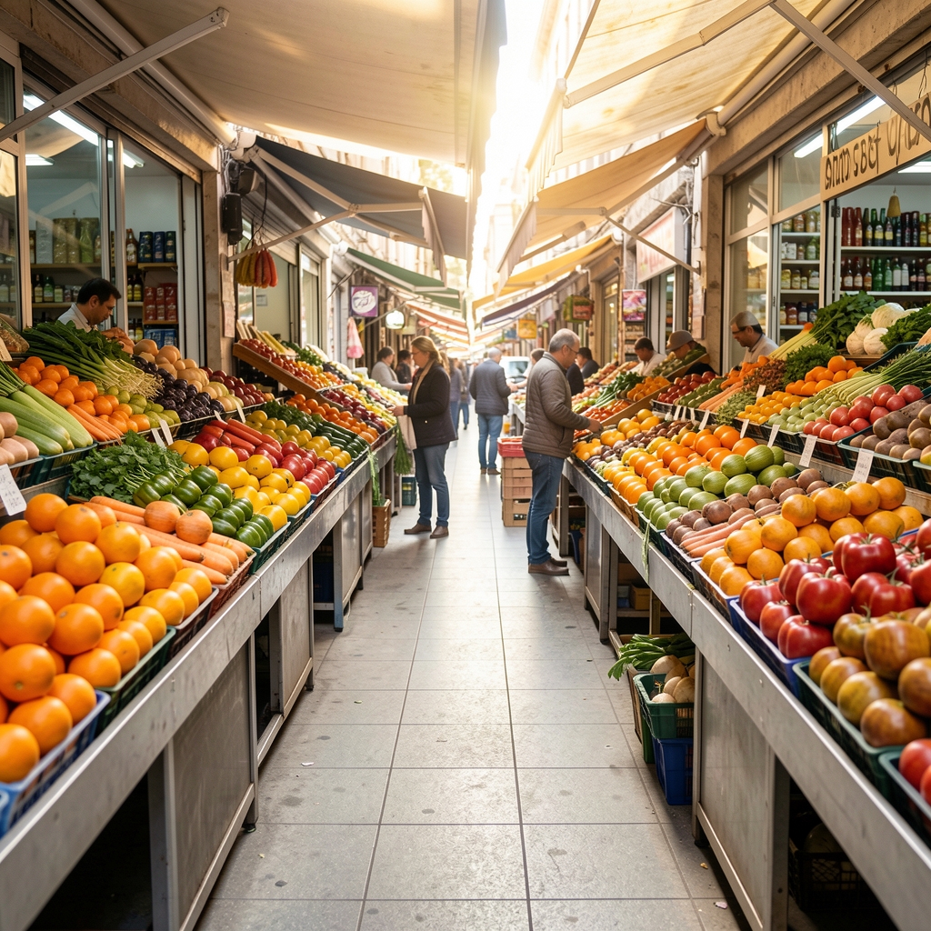 Pijaca sa svežim narandžastim i žutim povrćem složenim u redove, jutarnje svetlo, posmatranje iz prolaza između tezgi