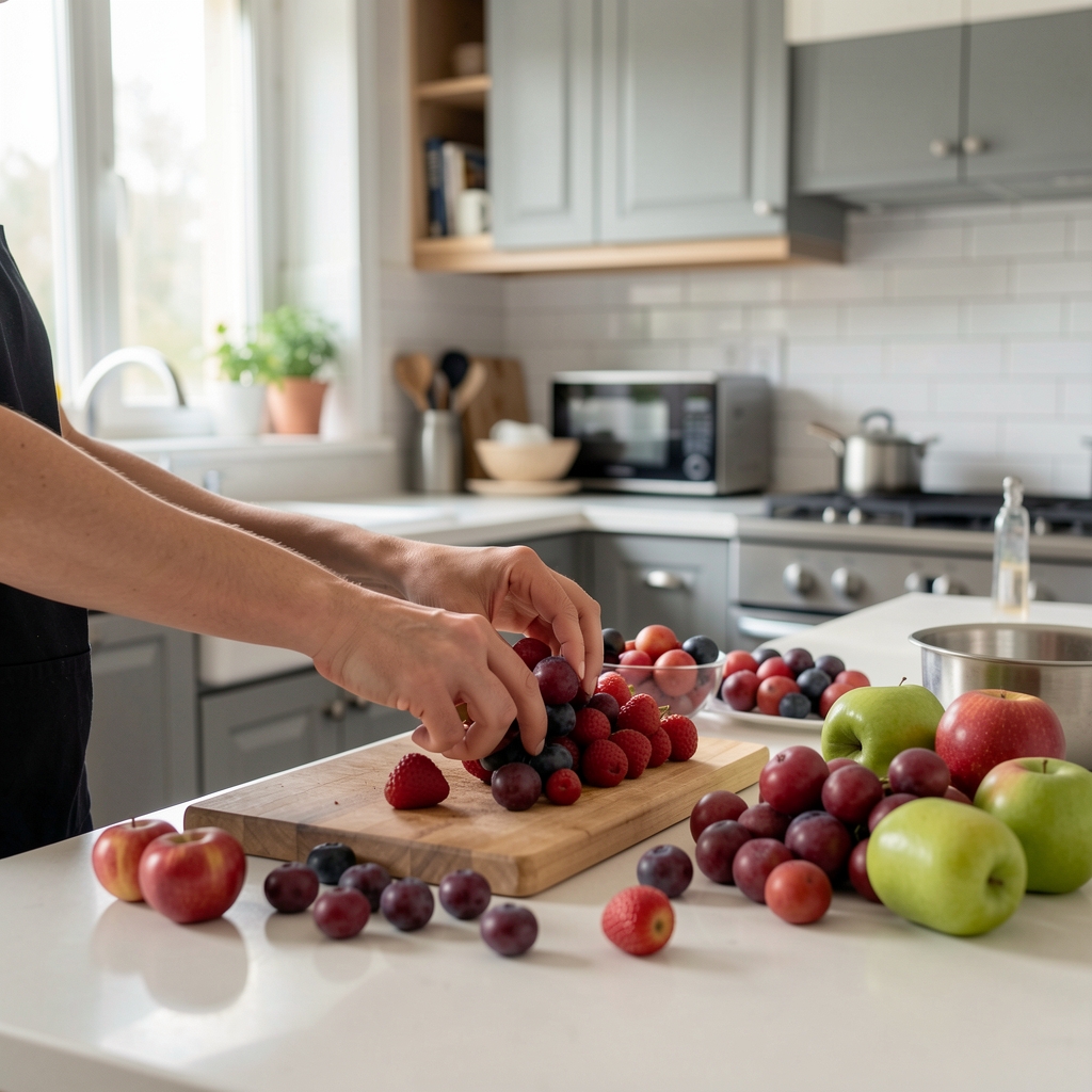 Ruke koje sortiraju sveže bobičasto voće na svetloj radnoj površini u kućnoj kuhinji, mirna svakodnevna scena