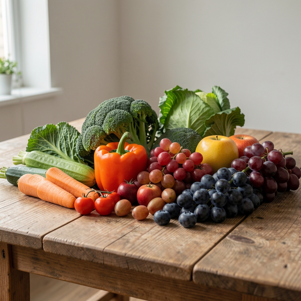 Raznovrsno povrće i voće složeno na drvenom stolu u prirodnom dnevnom svetlu, dokumentarna fotografija u neutralnim tonovima