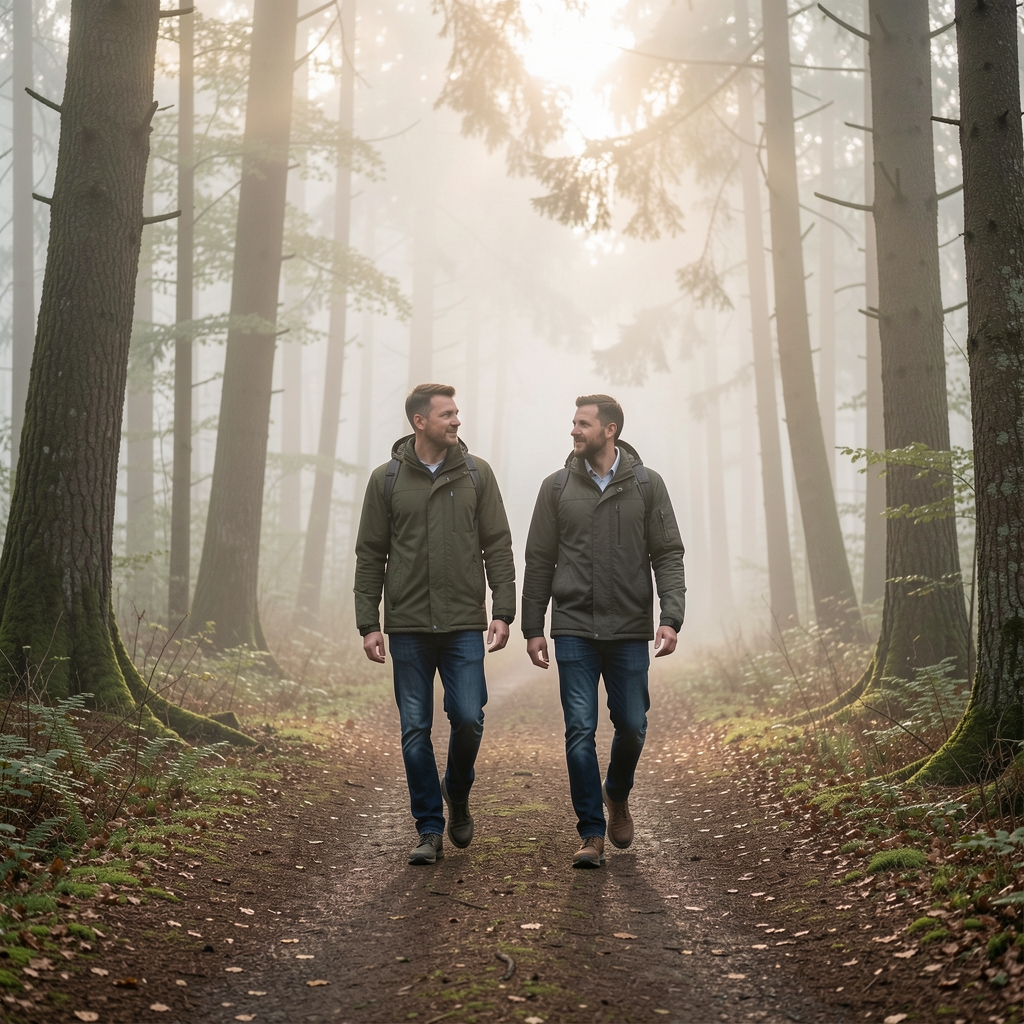 Dvojica muškaraca koji hodaju po šumskoj stazi u jutarnjoj magli, rekreativna šetnja u prirodi, dokumentarna fotografija