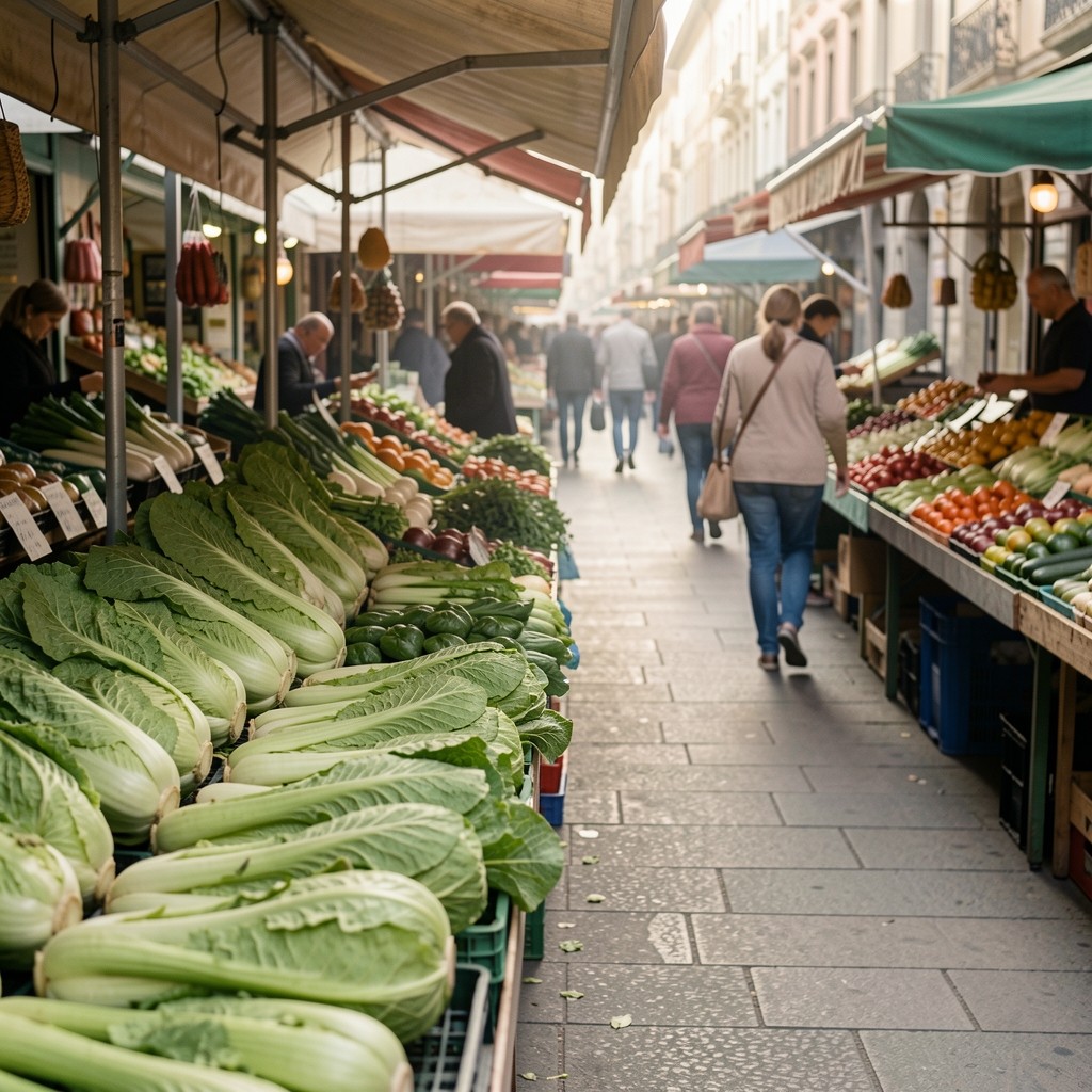 Sveže zeleno lisnato povrće na pijaci u jutarnjim satima, fotografija iz perspektive prolaznika, mirna atmosfera